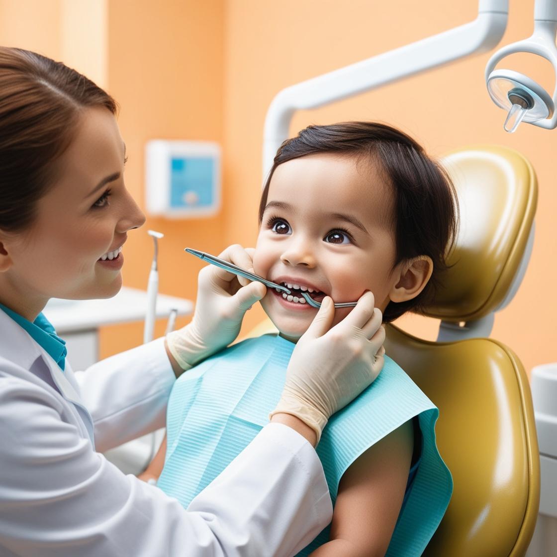 một đứa bé đang được nha sĩ kiểm tra răng trên giường nha