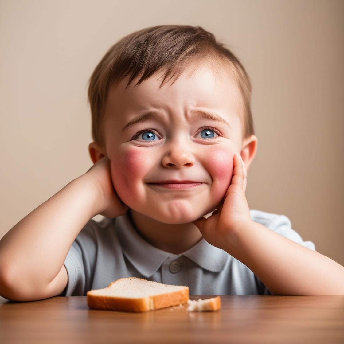 một đứa trẻ đang ôm má đau răng khi đang ăn